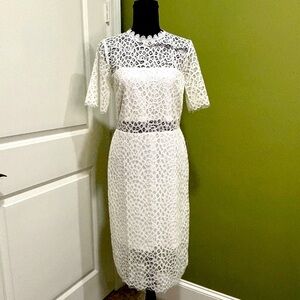 Love By Design Gardenia White Lace Sheer Panel Midi Dress Size Medium NWT